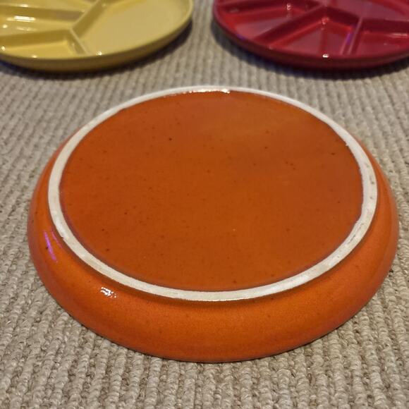 Vintage Gerz Mid Century Divided RED Stoneware Fondue Plate Set OF 3 - Picture 5 of 7